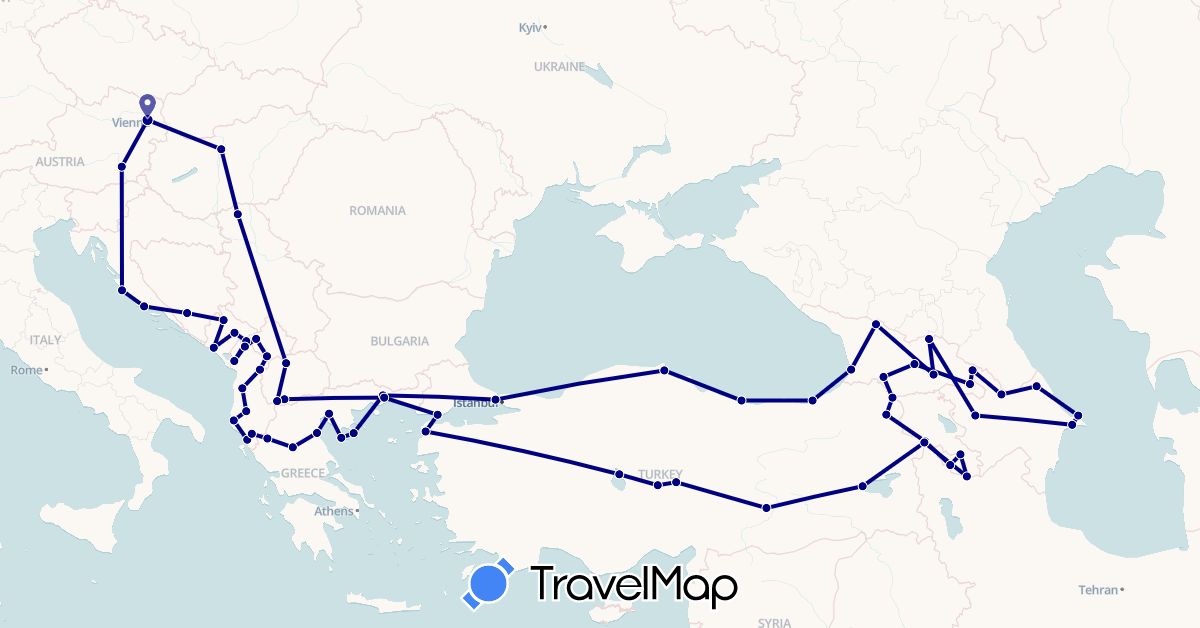 TravelMap itinerary: driving in Albania, Austria, Azerbaijan, Bosnia and Herzegovina, Georgia, Greece, Croatia, Hungary, Montenegro, Macedonia, Serbia, Turkey, Kosovo (Asia, Europe)